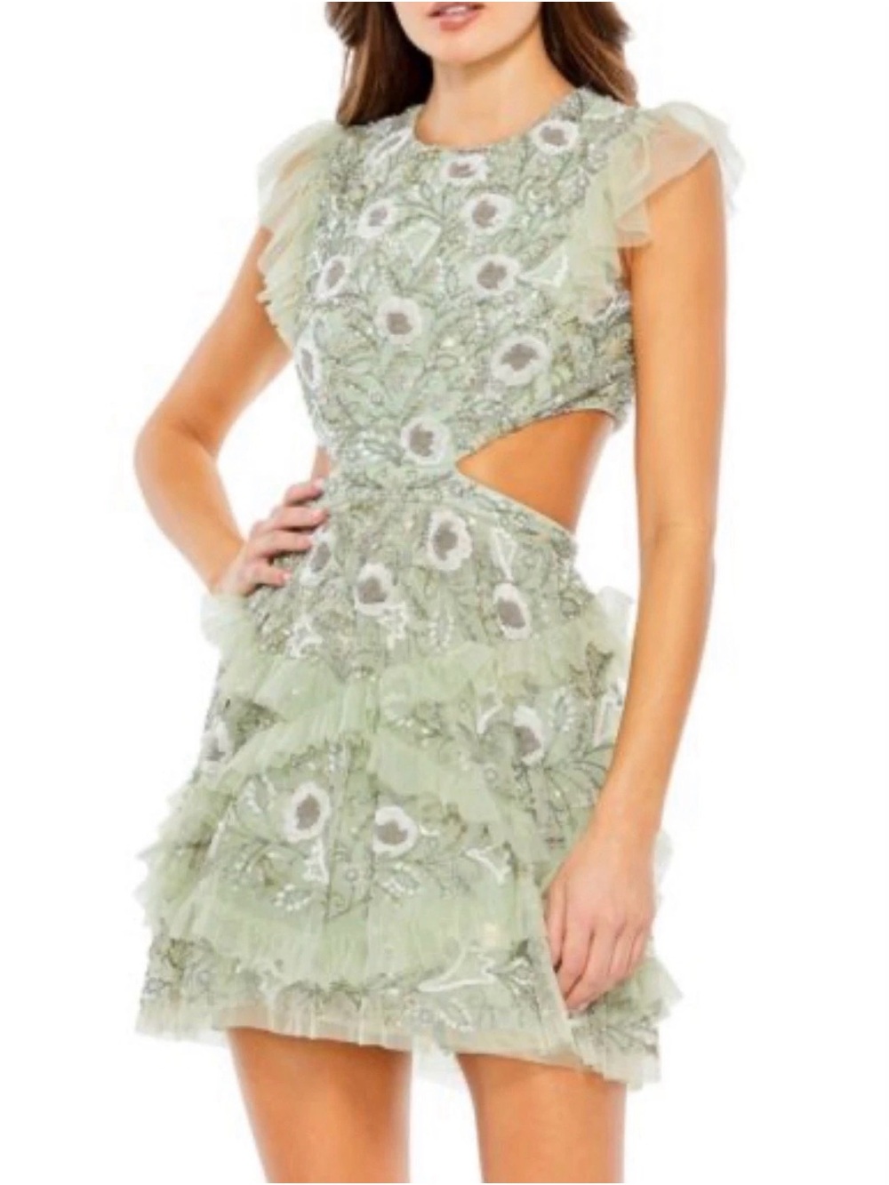 Mac Duggal Embellished Cutout Mini Dress in Sage Green Size 6 New
